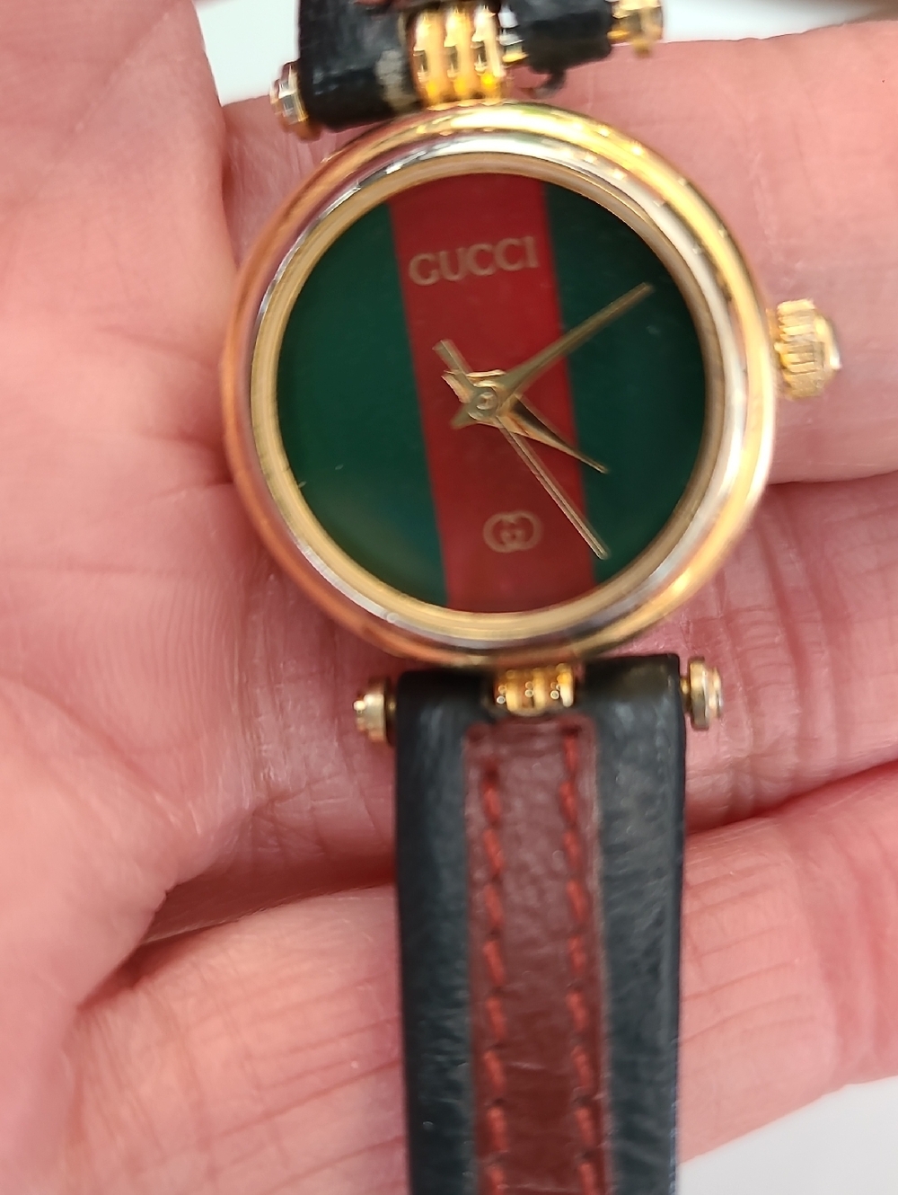 Vintage Gucci Gold-Tone Round Watch with Green and Red Dial